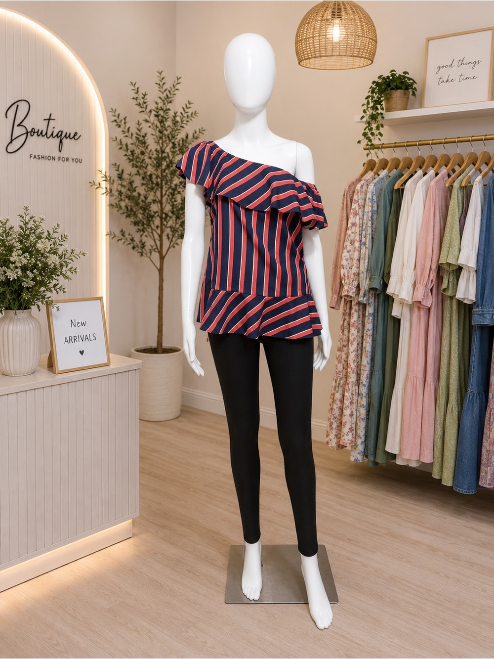 Banana Republic Navy and Coral One-Shoulder Ruffle Stripe Blouse